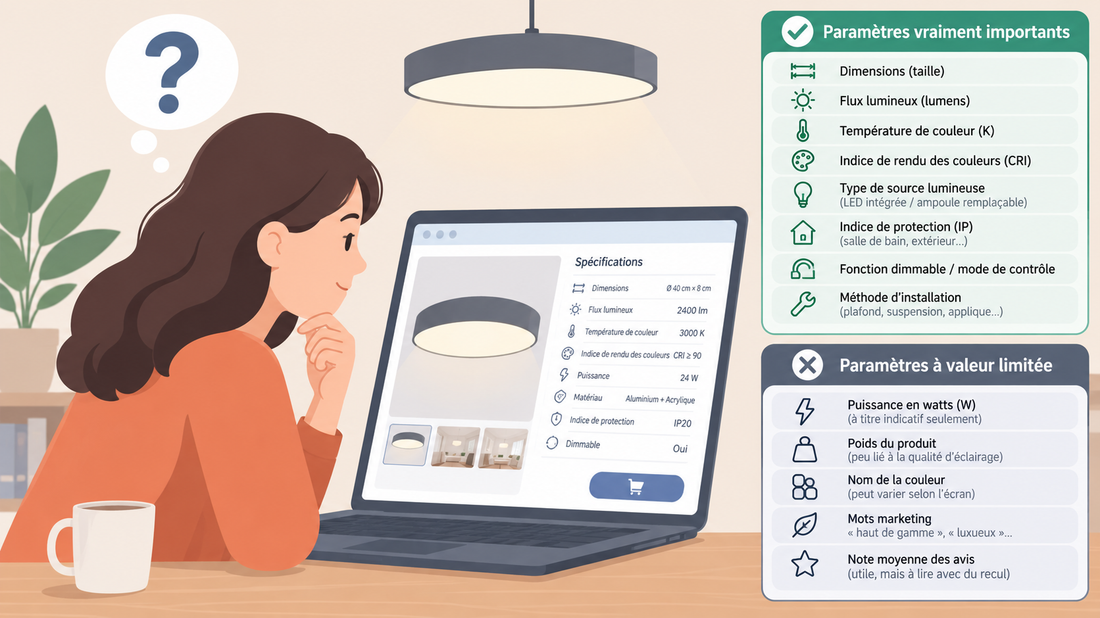 Quels paramètres regarder sur une fiche produit de luminaire, et lesquels sont seulement indicatifs ?