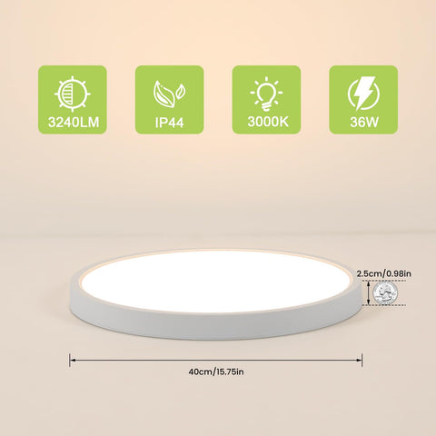 2 szt. Ultra cienka lampa sufitowa LED, biała okrągła * 40 cm, 36 W 3500 K ciepłe białe światło, pcv, potrójna ochrona do łazienki w sypialni