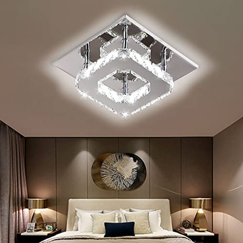 Plafoniera cristallo a LED 3000K,Quadrato Lampadario Soggiorno in Cristallo, LED Integrati 15W Lampadario cucina,Cristallo Plafoniere led a Soffitto Modern acciaio inossidabile lampada da soffitto