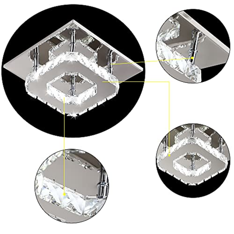 Plafoniera cristallo a LED 3000K, Quadrato Lampadario Soggiorno w Cristallo, LED Integrati 15W Lampadario cucina, Cristallo Plafoniere led a Soffitto Modern acciaio inossidabile lampada da soffitto