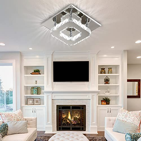 Plafoniera cristallo a LED 3000K, Quadrato Lampadario Soggiorno w Cristallo, LED Integrati 15W Lampadario cucina, Cristallo Plafoniere led a Soffitto Modern acciaio inossidabile lampada da soffitto