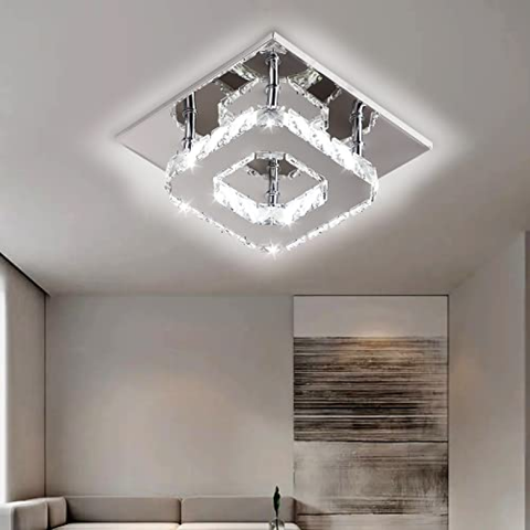 Plafoniera cristallo a LED 3000K, Quadrato Lampadario Soggiorno w Cristallo, LED Integrati 15W Lampadario cucina, Cristallo Plafoniere led a Soffitto Modern acciaio inossidabile lampada da soffitto