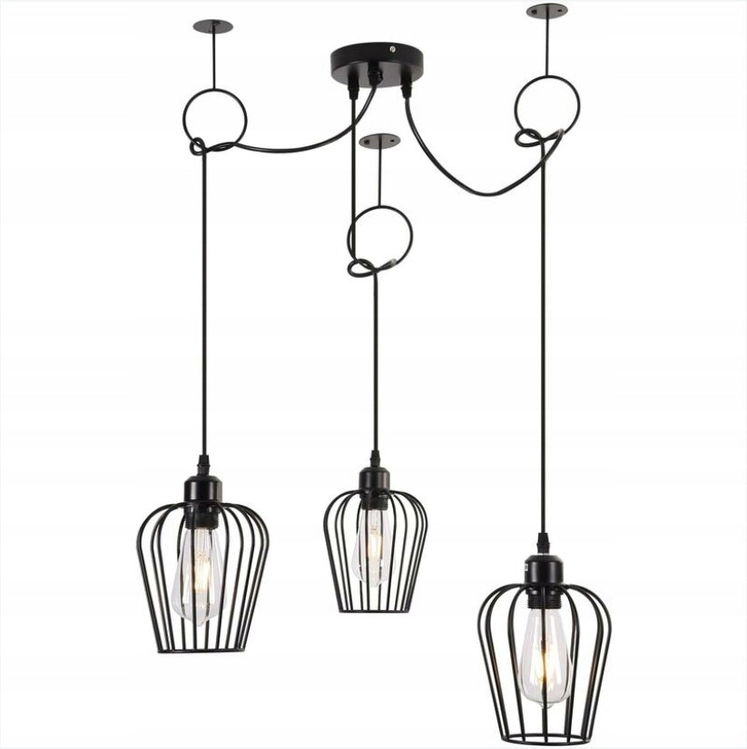 Suspension avec 3 Lumières - Noir en Métal - Cordon Réglable 1.5M