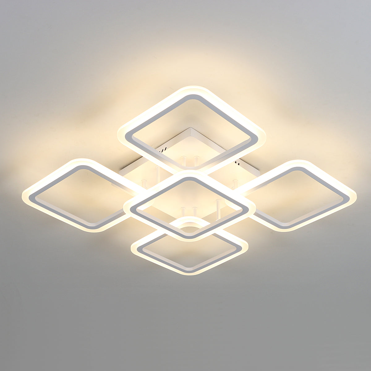 Plafonnier LED 64W Moderne Semi Encastré Lampe de Plafond Blanc 5 têtes Luminaire Plafonnier Carré pour Salon Bureau Salle à Manger Chambre Éclairage, 3000K Lumière Chaude