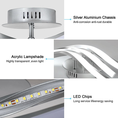 Nowoczesna lampa sufitowa LED z falami 52 cm - 3 lampy w kolorze srebrnego aluminium, 24 W, światło białe 6500 K, 220 V, CRI 80+, wszechstronna instalacja