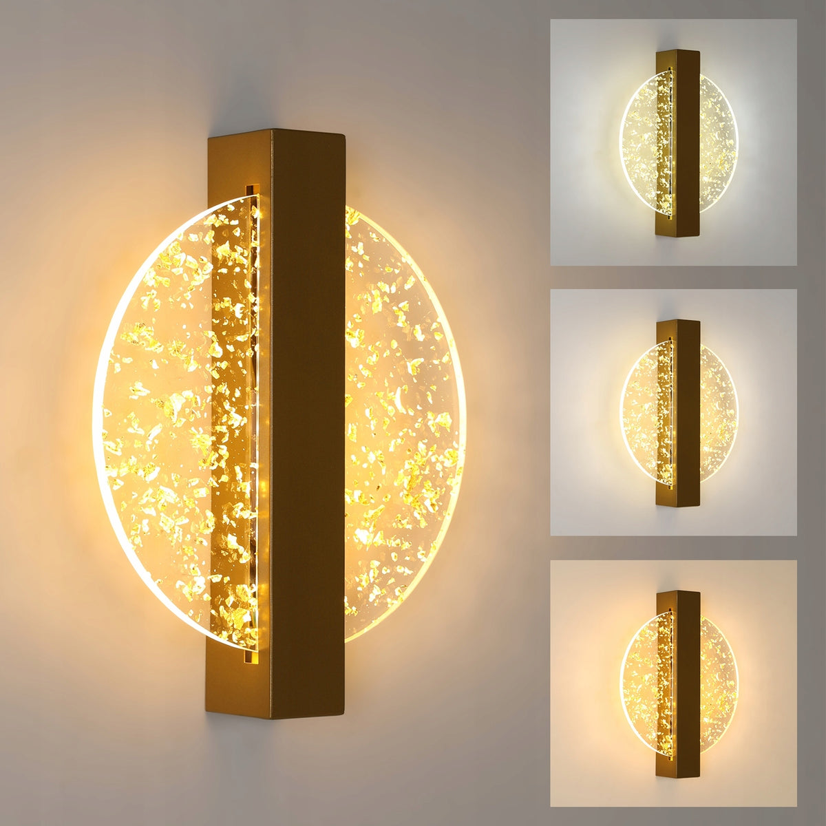 Applique Murale LED Moderne avec Feuille d'Or, Or Rond,en Acrylique