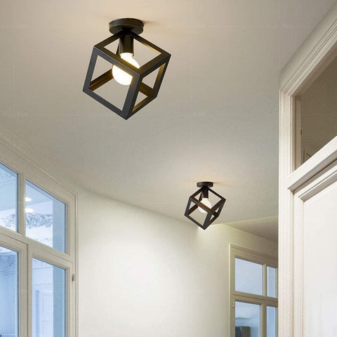 Lampa sufitowa Nowoczesna oprawa oświetleniowa Żyrandol w kształcie klatki Vintage Lampa sufitowa Styl geometryczny Metalowy abażur E27 Oświetlenie do sypialni Salon Restauracja, kształt sześcianu, 16CM, czarny