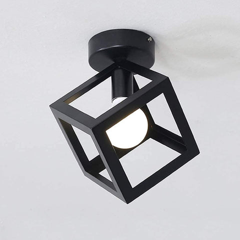 Lampa sufitowa Nowoczesna oprawa oświetleniowa Żyrandol w kształcie klatki Vintage Lampa sufitowa Styl geometryczny Metalowy abażur E27 Oświetlenie do sypialni Salon Restauracja, kształt sześcianu, 16CM, czarny