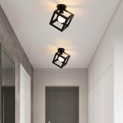 Lampa sufitowa Nowoczesna oprawa oświetleniowa Żyrandol w kształcie klatki Vintage Lampa sufitowa Styl geometryczny Metalowy abażur E27 Oświetlenie do sypialni Salon Restauracja, kształt sześcianu, 16CM, czarny