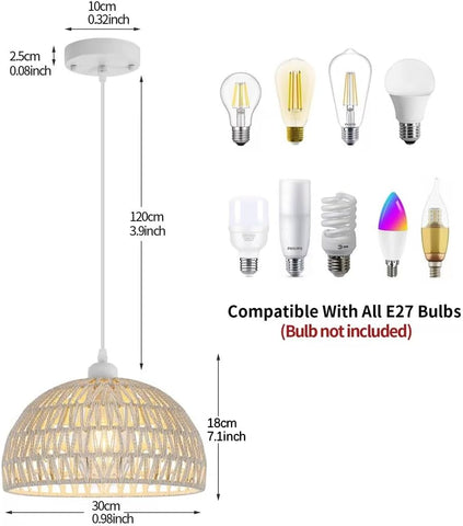 Nowoczesna rattanowa lampa wisząca Żyrandol Naturalny rattanowy abażur Lampa wisząca Regulowana wysokość E27 Lampa wisząca do kuchni Sypialnia Salon Cafe (biała)
