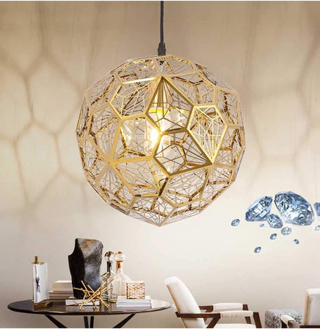 Złota lampa sufitowa ze stali nierdzewnej, nowoczesna i minimalistyczna o wielościennej strukturze do jadalni, salonu, sypialni lub baru - 37 cm.