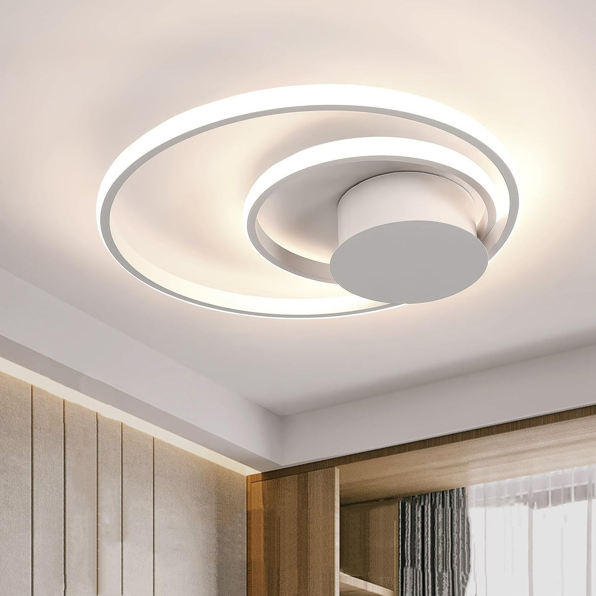 Plafonnier Led Dimmable 30W Moderne Cercle Anneaux Lampe de Plafond Dimmable 3000K-6000K Pour salon chambre à coucher salle à manger bureau Blanc