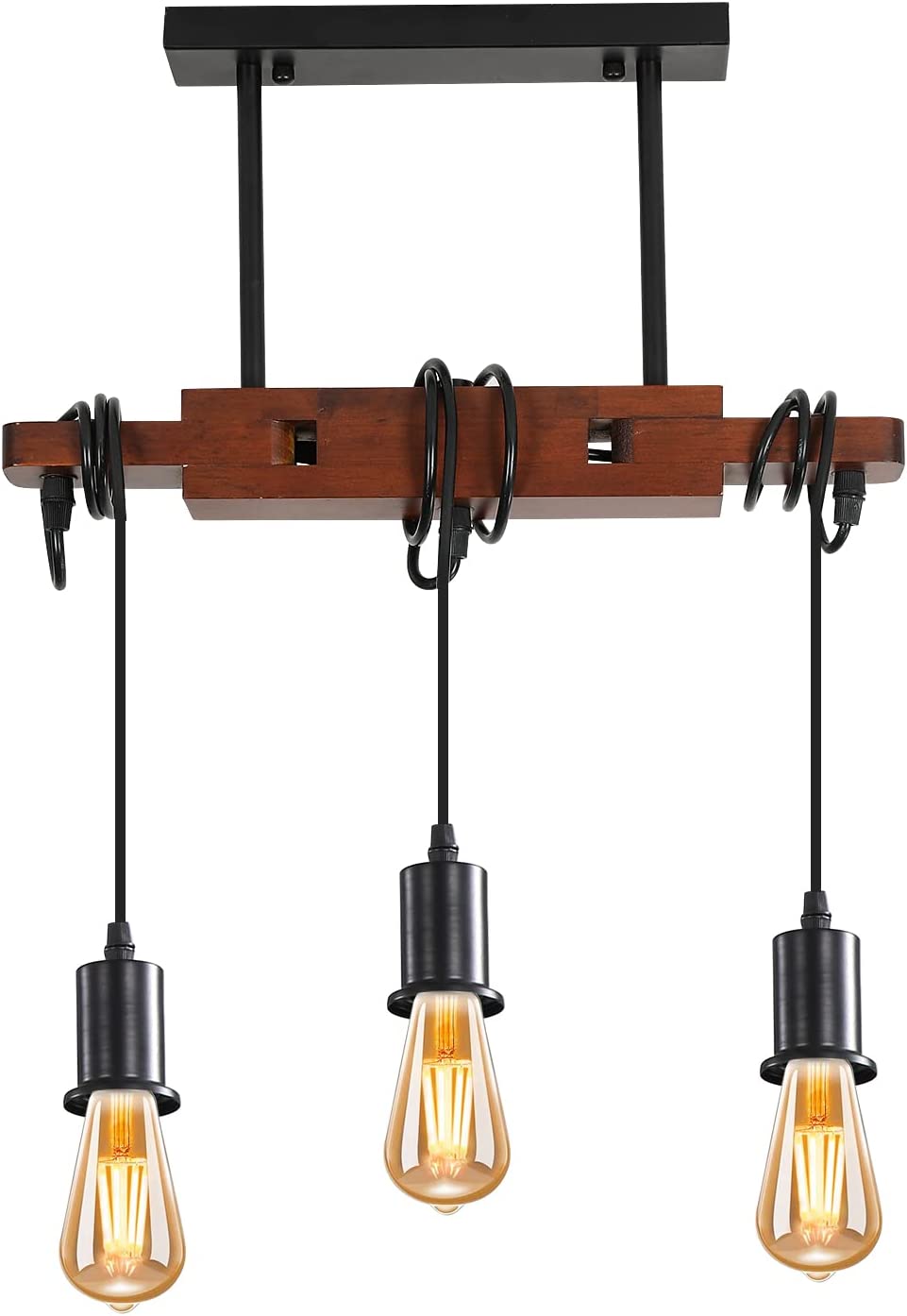 Industriële hanglamp, vintage houten plafondlamp, E27 kroonluchterverlichting met 3 lampen, 120 cm verstelbare kabel, voor keuken eetkamer café bar (zonder lamp)