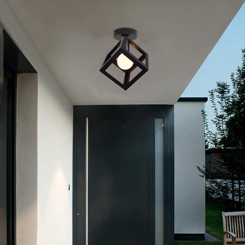 Lampa sufitowa Nowoczesna oprawa oświetleniowa Żyrandol w kształcie klatki Vintage Lampa sufitowa Styl geometryczny Metalowy abażur E27 Oświetlenie do sypialni Salon Restauracja, kształt sześcianu, 16CM, czarny