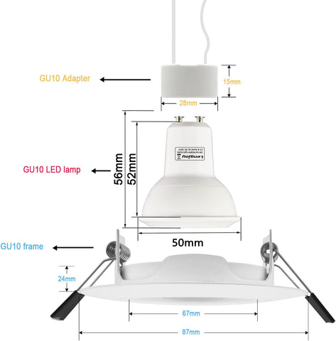 Zestaw 6 regulowanych wpuszczanych reflektorów LED RGB ze zmianą koloru, 5 W (odpowiednik 50 W), ciepła biel 2700 K, biała okrągła metalowa lampa sufitowa do wbudowania ze ściemnianym pilotem