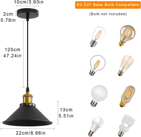 Przemysłowa lampa wisząca Żyrandol Lampa sufitowa Czarna, Φ22 cm na żarówki E27 Vintage Żyrandol sufitowy Bazowy metalowy abażur 2 szt.