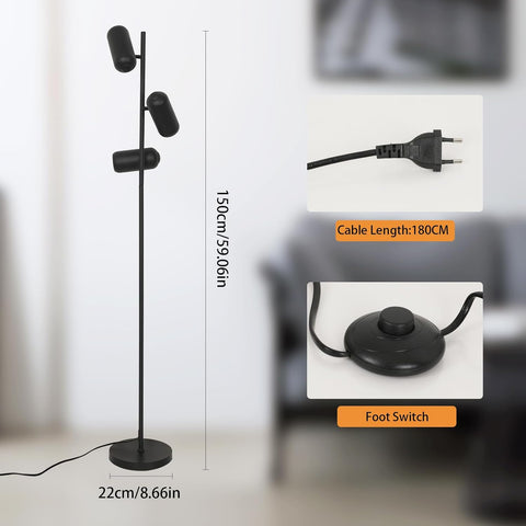 Minimalistyczna lampa podłogowa z kutego żelaza (3 czarne głowice, przewód 1,8 m) - oprawki GU10, bez żarówki