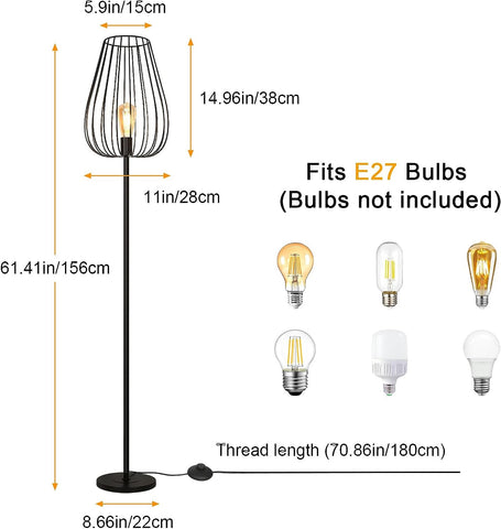 Lampa podłogowa w stylu vintage z metalowym kloszem, lampa podłogowa z włącznikiem nożnym, czarna metalowa lampa do salonu, gniazdo E27 bez żarówki