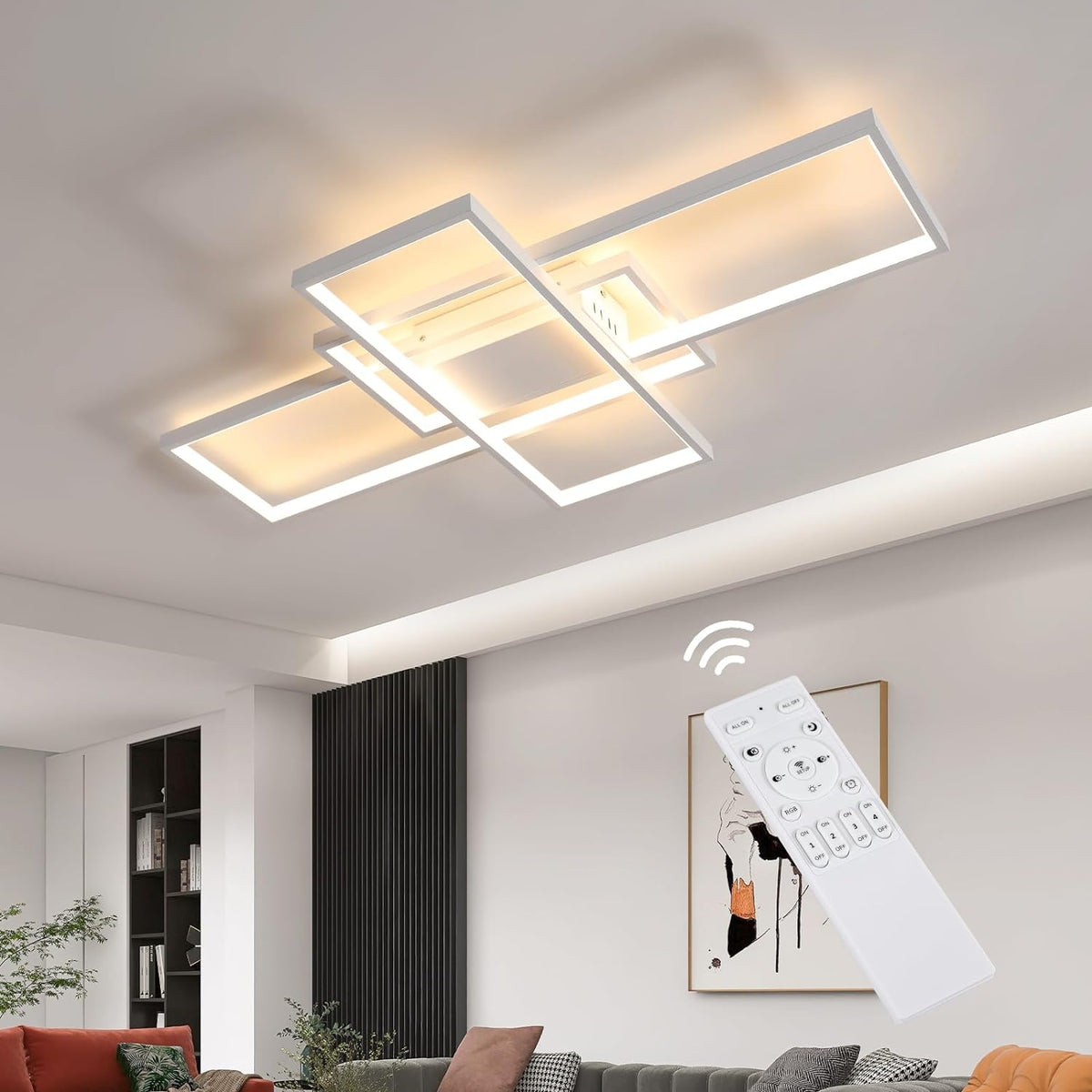 Plafonnier LED Moderne Dimmable Rectangulaire - blanc, 75W, 90*50*9cm, avec Télécommande, 2700K-6500K, 3 couleurs de Lumière - pour Salon Chambre