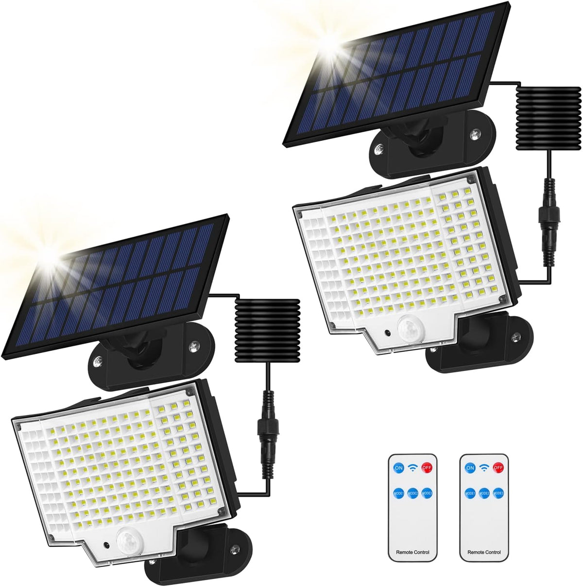 Luz solar para exteriores (paquete de 2), luz solar para exteriores con sensor de movimiento, luz solar para exteriores IP65, foco solar para exteriores de 160 LED, 3 modos, con control remoto