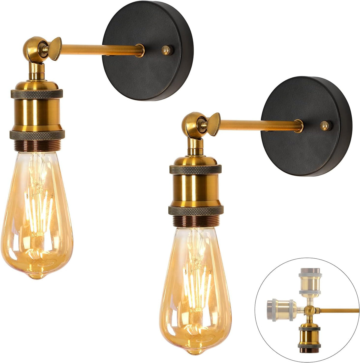 Set van 2 industriële vintage E27 wandlampen, 270° verstelbare E27 retro metalen wandlampen, gouden binnenwandlampen voor trappenhuis, gang, woonkamer, keuken (lamp niet inbegrepen)