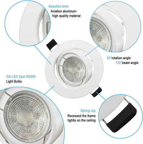 Zestaw 6 regulowanych wpuszczanych reflektorów LED RGB ze zmianą koloru, 5 W (odpowiednik 50 W), ciepła biel 2700 K, biała okrągła metalowa lampa sufitowa do wbudowania ze ściemnianym pilotem