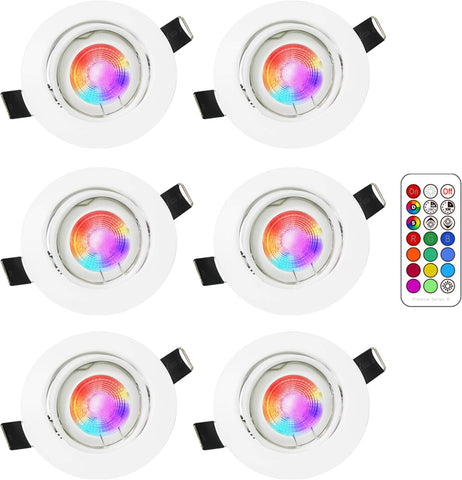 Zestaw 6 regulowanych wpuszczanych reflektorów LED RGB ze zmianą koloru, 5 W (odpowiednik 50 W), ciepła biel 2700 K, biała okrągła metalowa lampa sufitowa do wbudowania ze ściemnianym pilotem