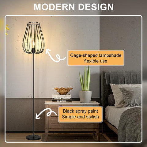 Lampa podłogowa w stylu vintage z metalowym kloszem, lampa podłogowa z włącznikiem nożnym, czarna metalowa lampa do salonu, gniazdo E27 bez żarówki