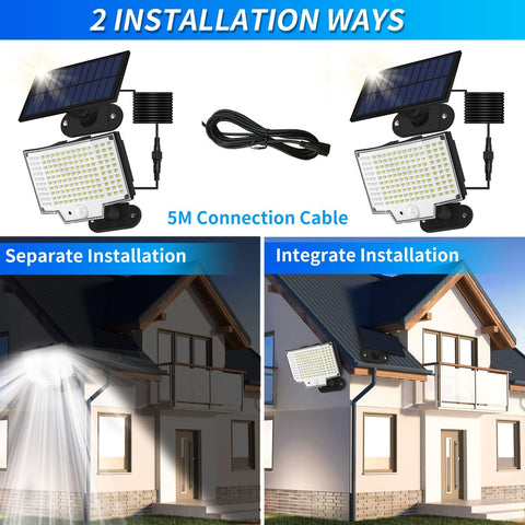 Zewnętrzna lampa słoneczna (2 szt.), Zewnętrzna lampa słoneczna z czujnikiem ruchu, Zewnętrzna lampa słoneczna IP65, Zewnętrzny reflektor solarny 160 LED, 3 tryby, z pilotem