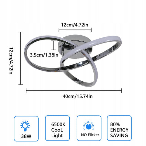 Lampa sufitowa LED, srebrna, 38W 6500K chłodne białe światło, aluminium 40*12cm, do przedpokoju w salonie