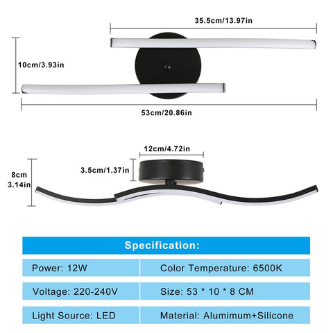 Lampy sufitowe LED, 2 czarne równoległe, 12W 6500K chłodne białe światło, 60*12 CM, do salonu w sypialni