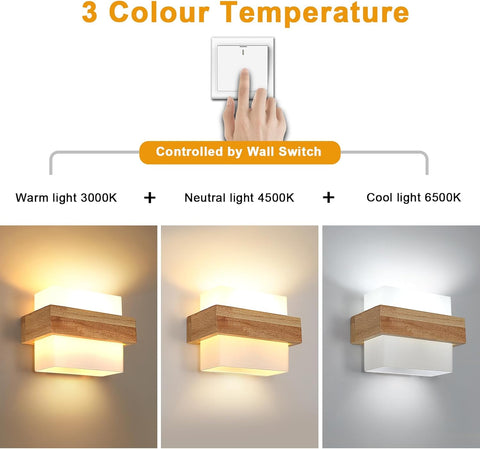 Wewnętrzna Lampa Ścienna z Drewna E27 z Żarówką 12W Trzy Kolory