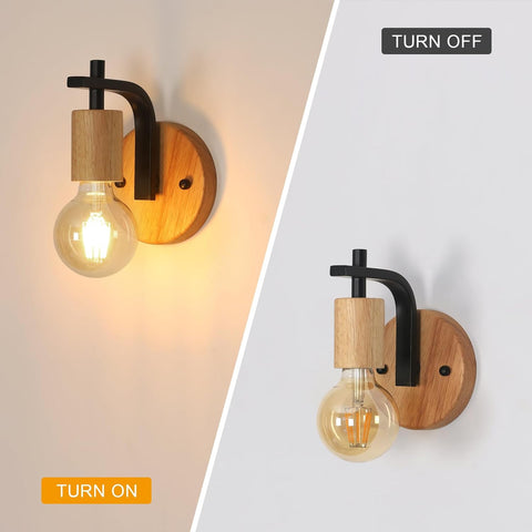 Zestaw 2 Lamp Ściennych Vintage Drewno i Czarny Metal E27