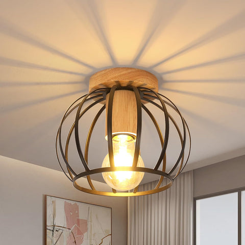 Lampa Sufitowa w Stylu Industrialnym – Drewno i Czarna Klatka E27