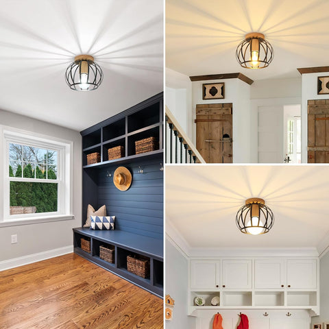Lampa Sufitowa w Stylu Industrialnym – Drewno i Czarna Klatka E27