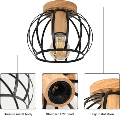 Lampa Sufitowa w Stylu Industrialnym – Drewno i Czarna Klatka E27