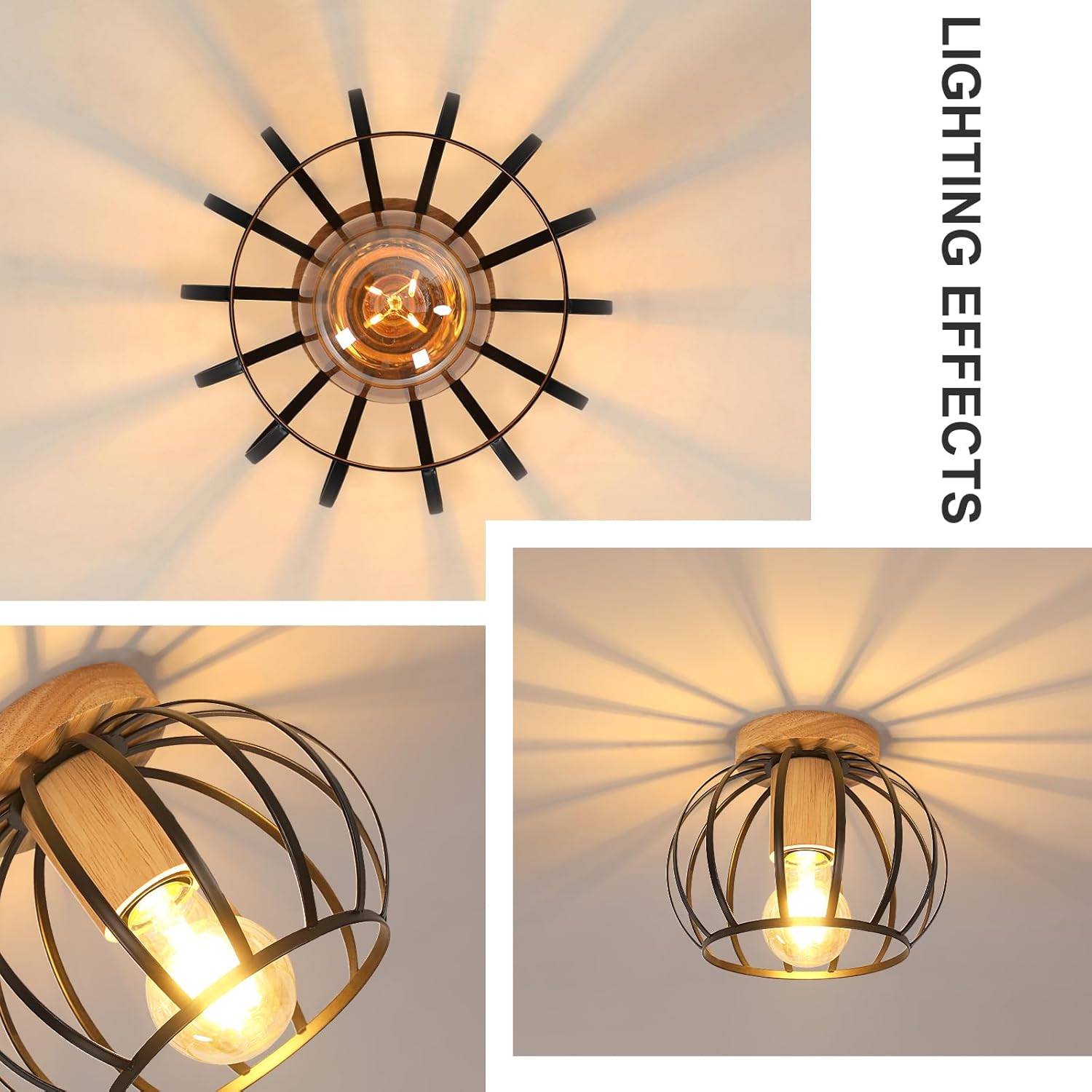 Lampa Sufitowa w Stylu Industrialnym – Drewno i Czarna Klatka E27