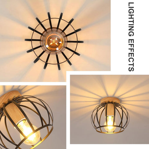 Lampa Sufitowa w Stylu Industrialnym – Drewno i Czarna Klatka E27