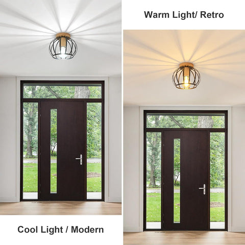 Lampa Sufitowa w Stylu Industrialnym – Drewno i Czarna Klatka E27