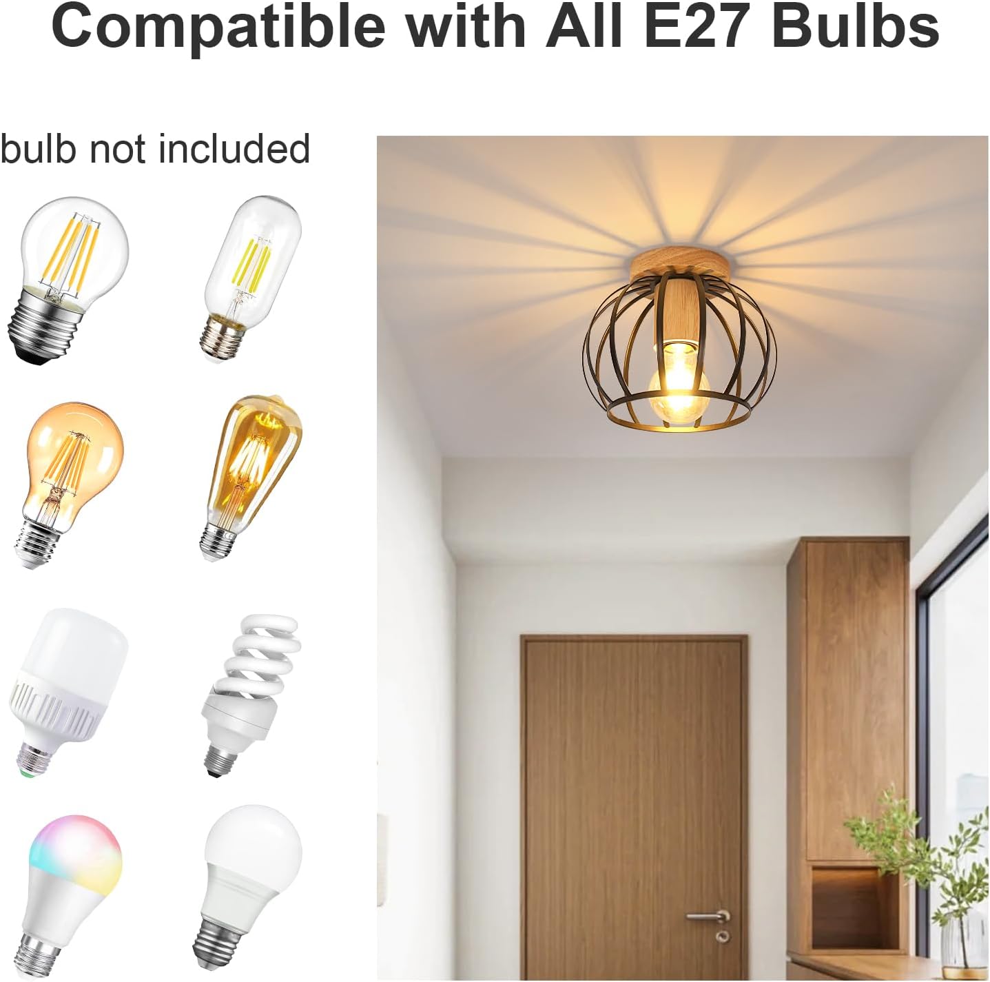 Lampa Sufitowa w Stylu Industrialnym – Drewno i Czarna Klatka E27