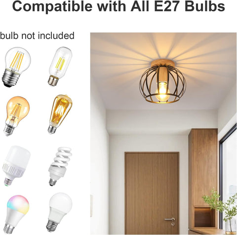 Lampa Sufitowa w Stylu Industrialnym – Drewno i Czarna Klatka E27