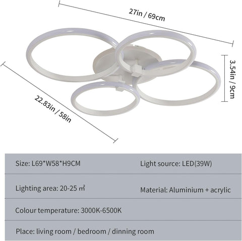 Nowoczesna Lampa Sufitowa LED z 4 Pierścieniami, 39W