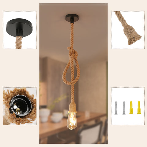 Przemysłowy żyrandol wiszący, żyrandol z liny konopnej z pojedynczą głowicą, lampa wisząca Retro E27 do jadalni, restauracji, baru, 150 cm