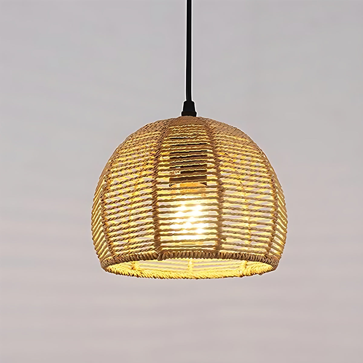 Lustre en Bambou Tissé - 20x20cm, Base Noire, Douille E27, Sans Source Lumineuse, Câble de Suspension 1.2m