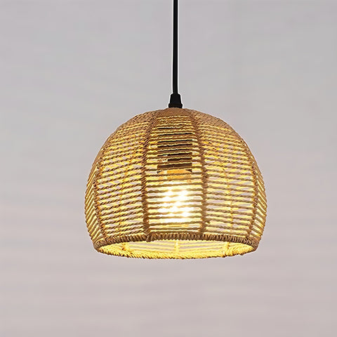 Żyrandol z Tkanego Bambusa - 20x20cm, Czarna podstawa, Gniazdo E27, Bez źródła światła, Kabel do zawieszenia 1,2m