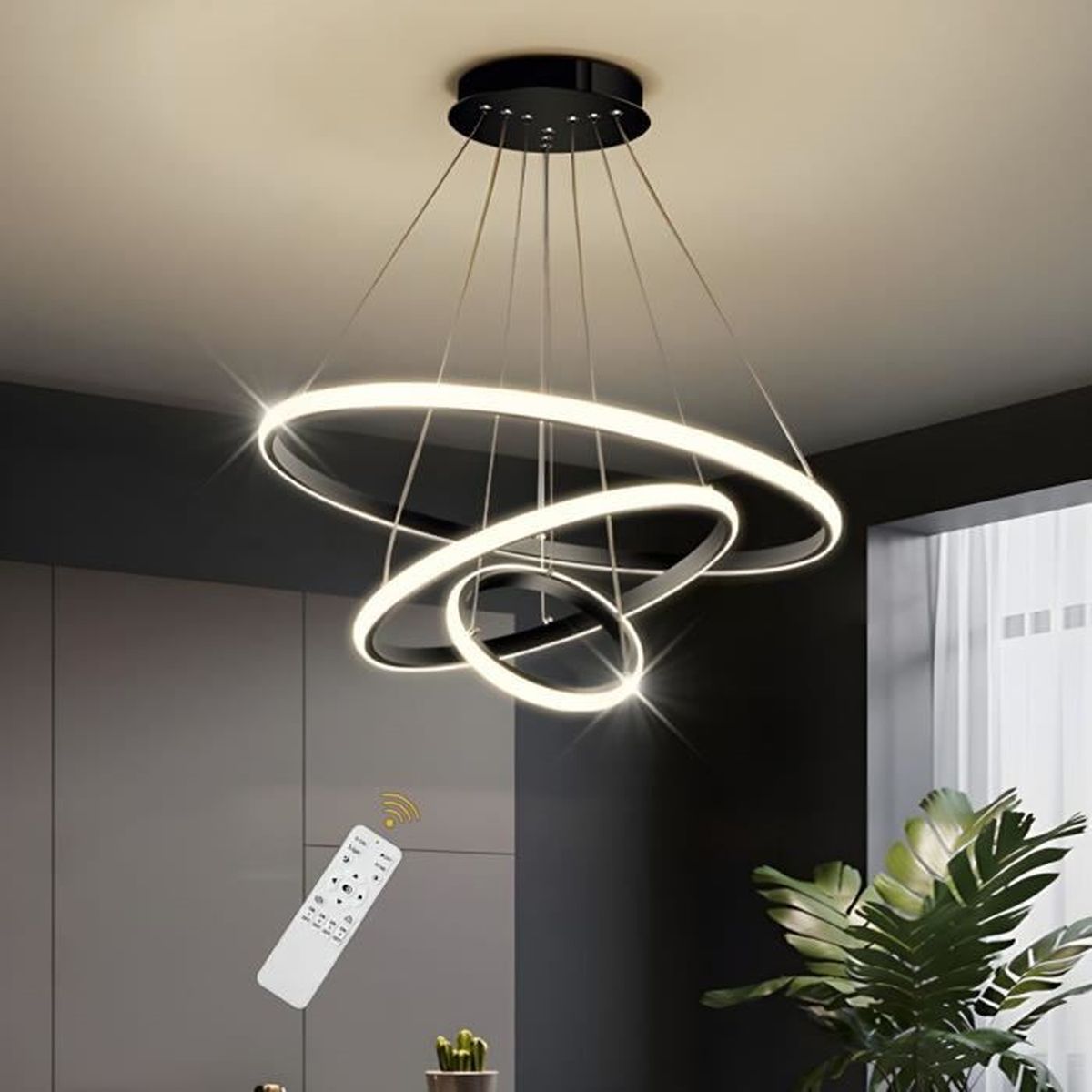 Lustre Dimmable 40W Moderne Cercle Anneaux Suspension Dimmable 3000K-6000K Pour salon chambre à coucher salle à manger bureau Noir