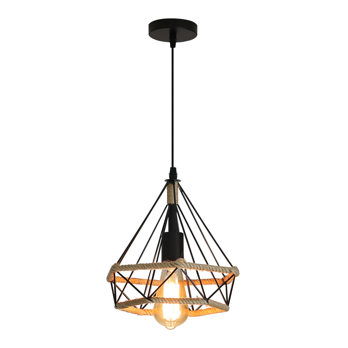 Corde de chanvre Cage Lampe de Plafond,Lustre Suspension Industrielle 25cm en forme Diamant Corde de Chanvre