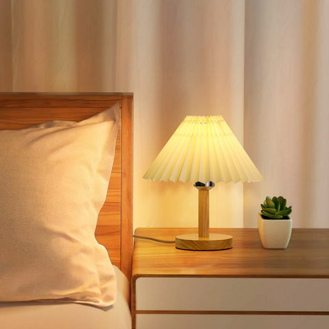 Lampa biurkowa, drewniana plisowana lampa stołowa E27, mini kreatywne oświetlenie nastrojowe do sypialni