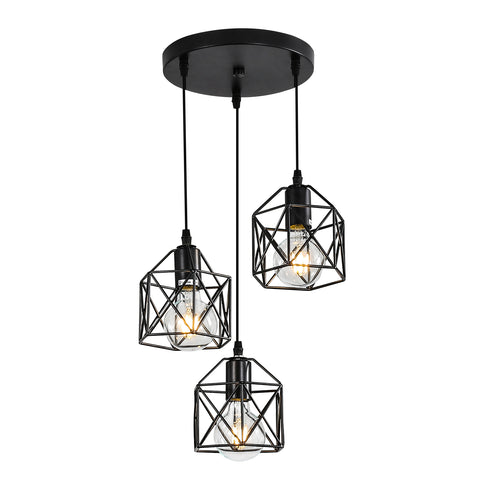 Czarna lampa wisząca w stylu vintage, metalowa czarna klatka w stylu vintage, lampa sufitowa przemysłowa, 3 lampy E26 (żarówka nie jest dołączona)