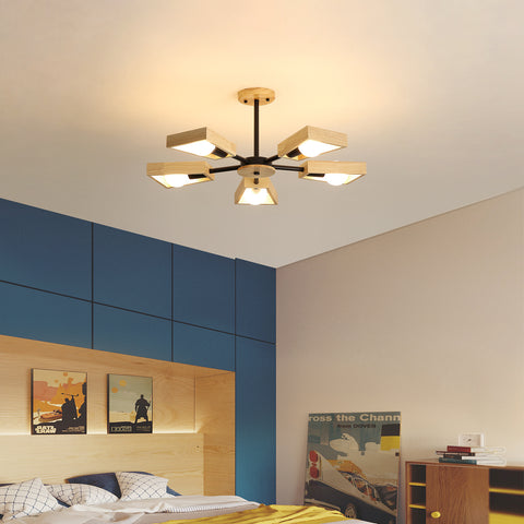 Drewniana lampa wisząca, żyrandol do salonu Oprawa oświetleniowa do oświetlenia wnętrz, drewno Pięć świateł Geometryczne lampy wiszące na 5 żarówek E27 (bez żarówki)